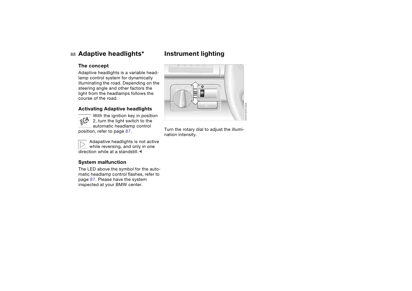 Adaptive headlights, Instrument lighting | BMW 330Ci Coupe 2004 User Manual | Page 88 / 174