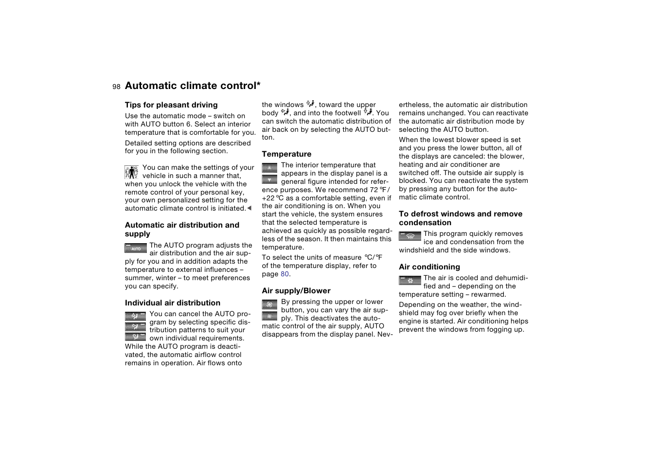 Supply, Individual air distribution, Condensation | Automatic climate control | BMW 330Ci Coupe 2004 User Manual | Page 98 / 174