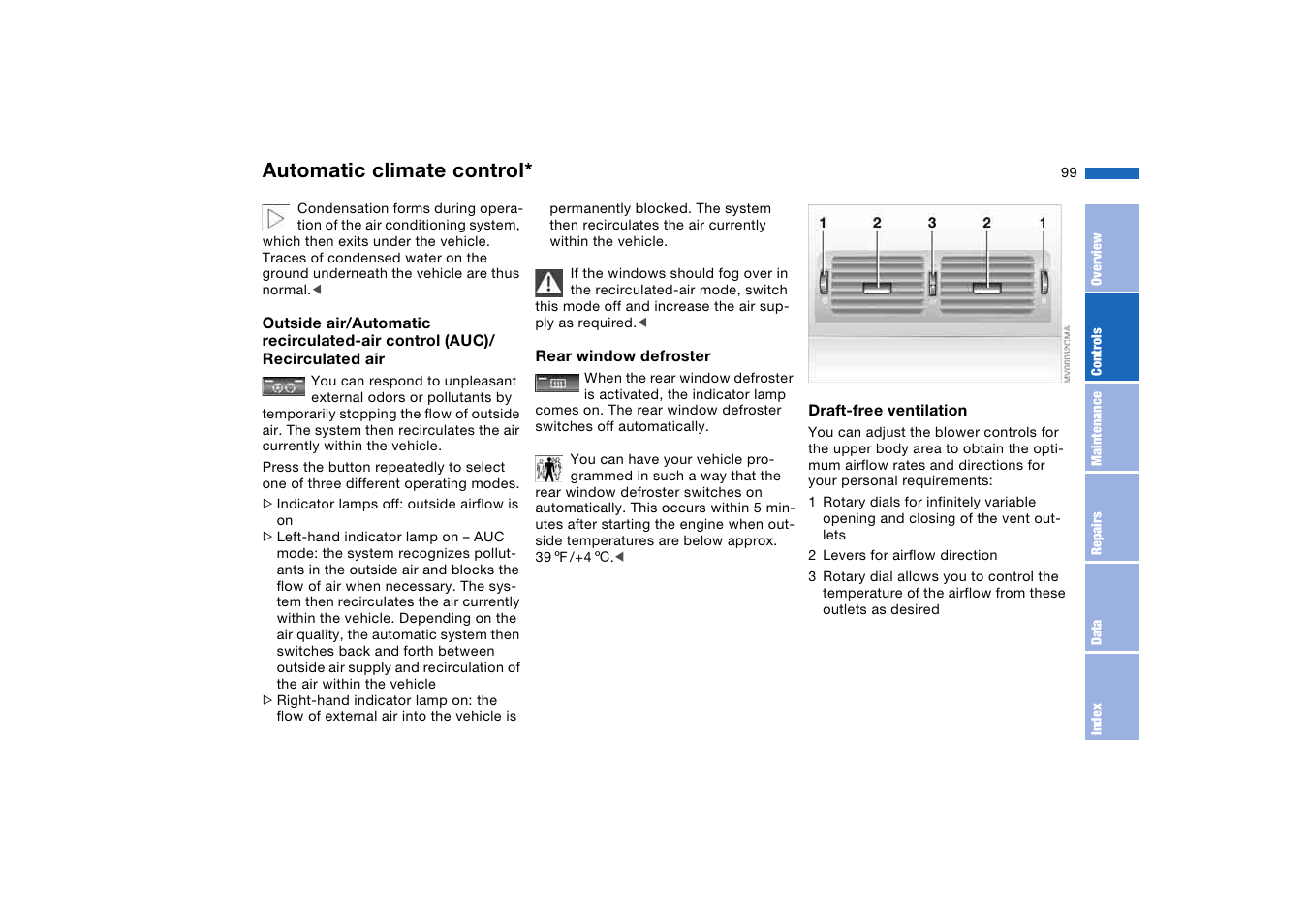 Air for the upper body area, Rear window defroster, Automatic climate control | BMW 330Ci Coupe 2004 User Manual | Page 99 / 174