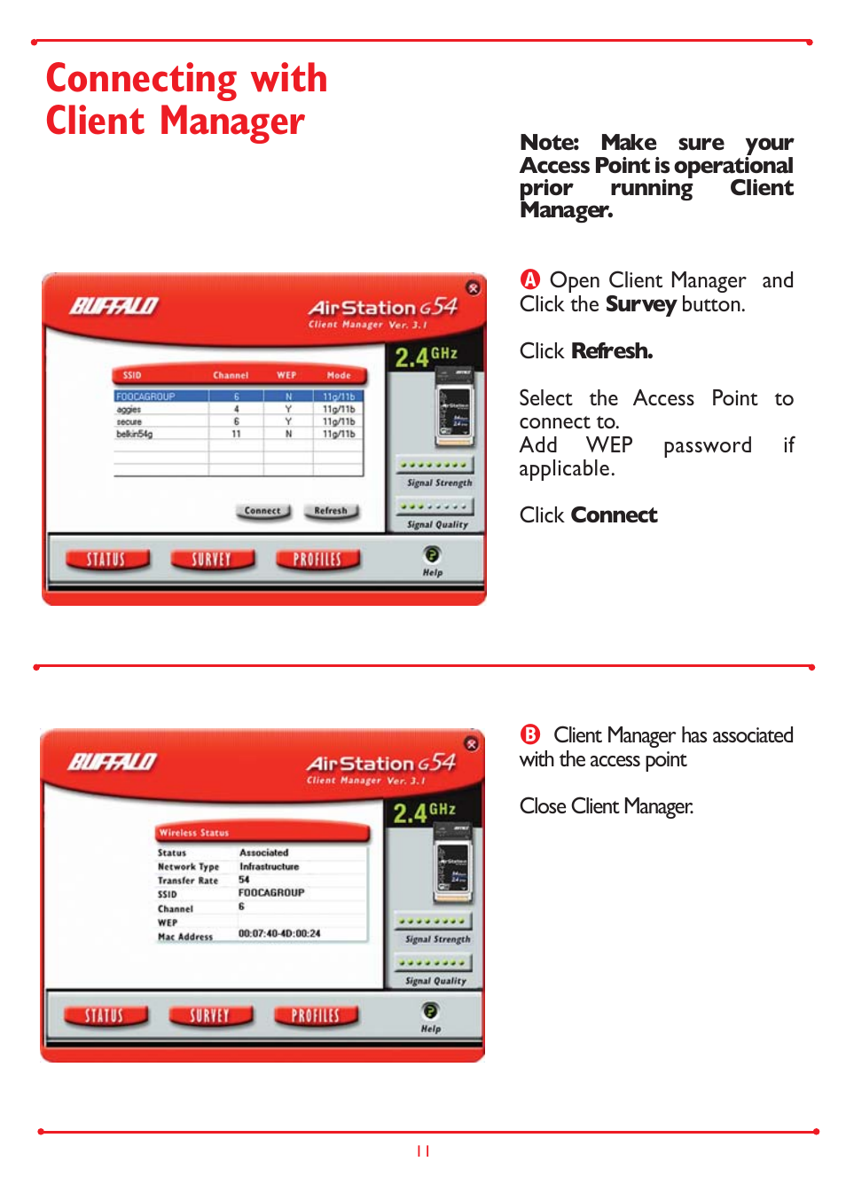 Connecting with client manager | Buffalo Technology Buffalo AirStation WLI-CB-G54A User Manual | Page 11 / 12