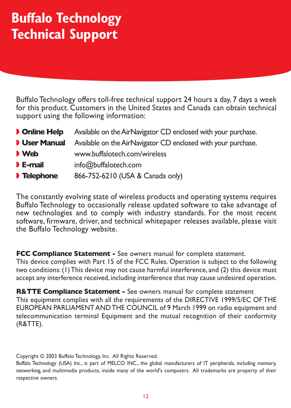 Buffalo technology technical support | Buffalo Technology Buffalo AirStation WLI-CB-G54A User Manual | Page 12 / 12