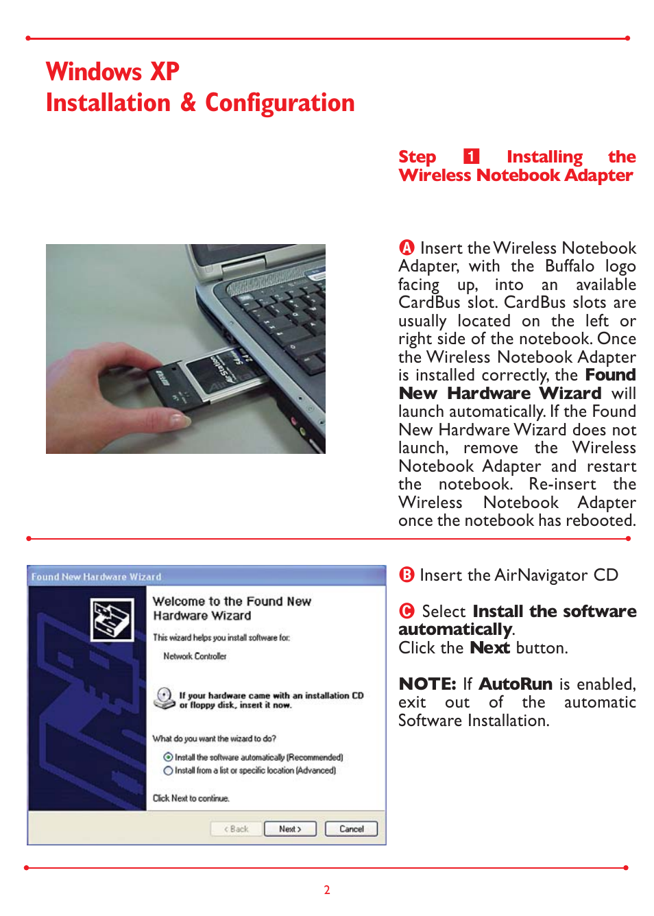 Windows xp installation & configuration | Buffalo Technology Buffalo AirStation WLI-CB-G54A User Manual | Page 2 / 12