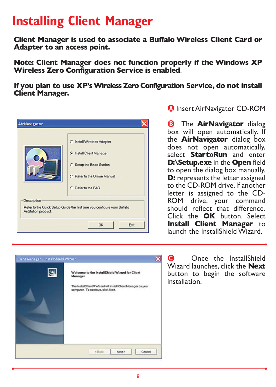 Installing client manager | Buffalo Technology Buffalo AirStation WLI-CB-G54A User Manual | Page 8 / 12