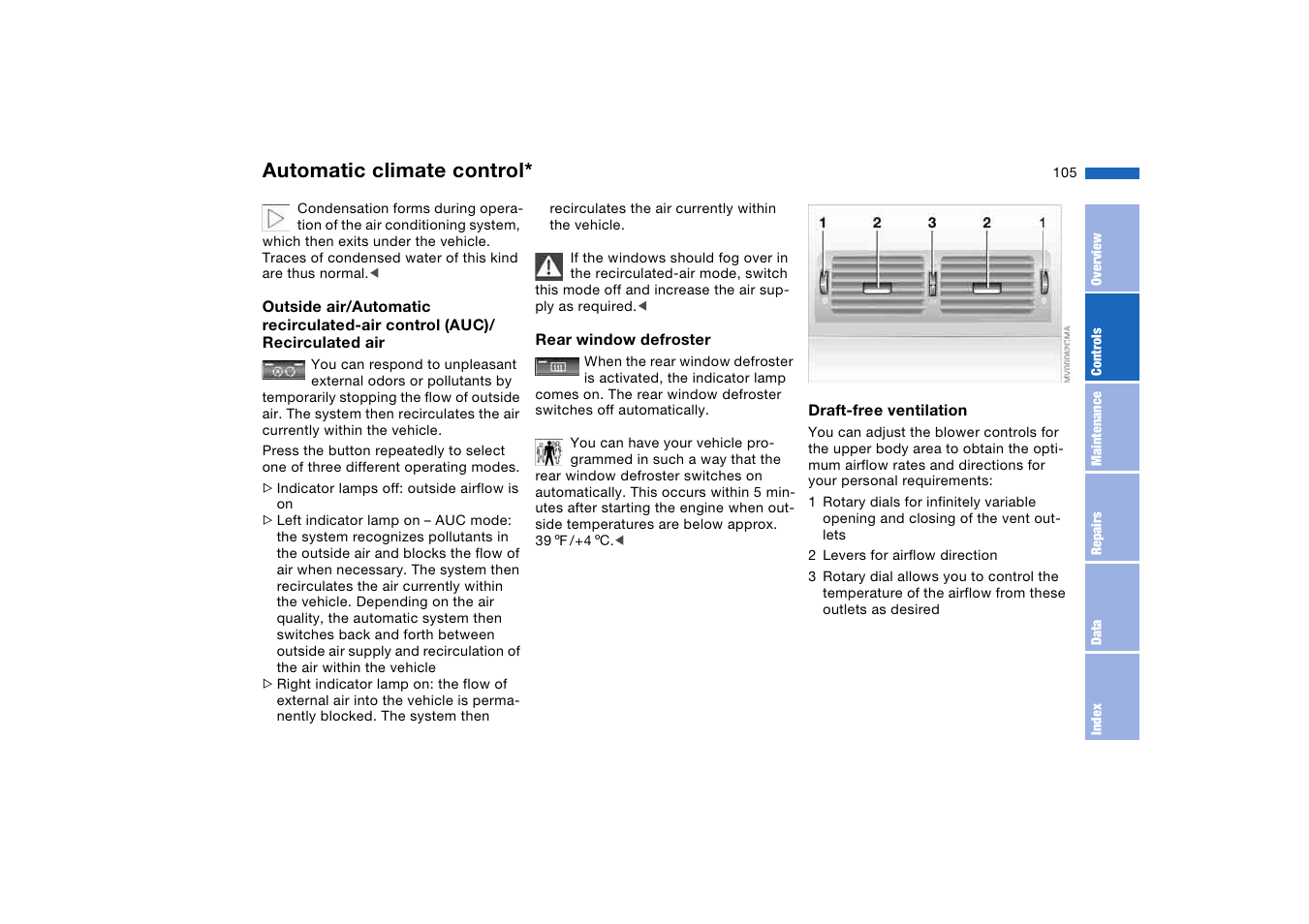 Air for the upper body area, Rear window defroster, Automatic climate control | BMW 330i Sedan 2004 User Manual | Page 105 / 182