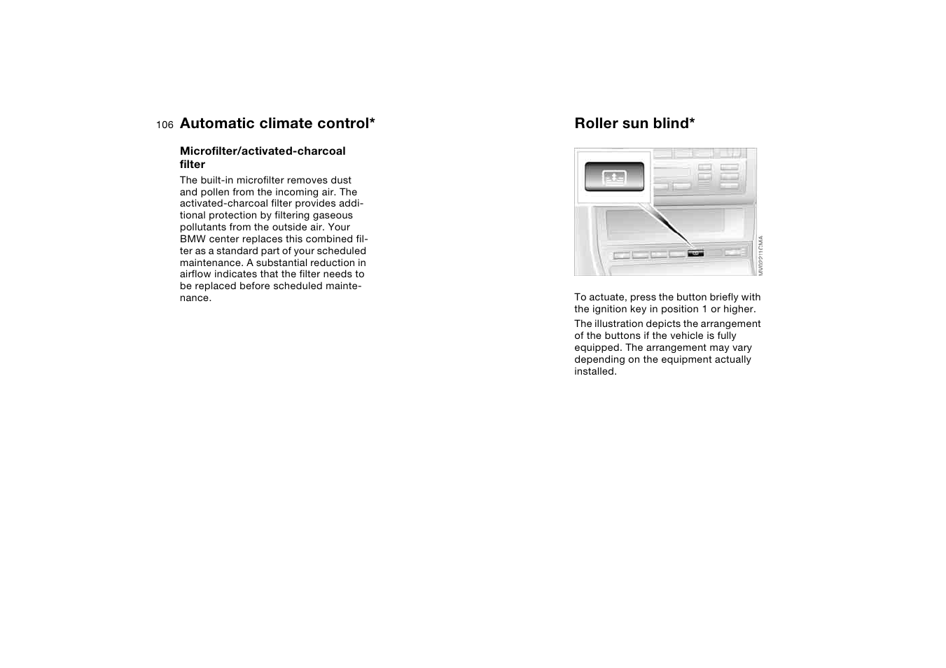 Roller sun blind, Automatic climate control | BMW 330i Sedan 2004 User Manual | Page 106 / 182