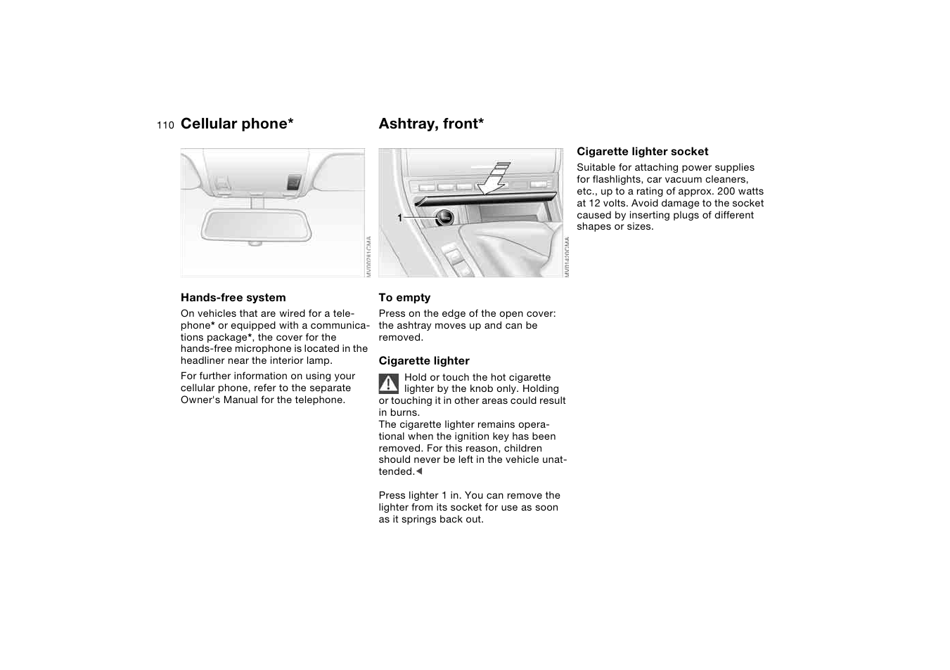 Cellular phone, Ashtray, front | BMW 330i Sedan 2004 User Manual | Page 110 / 182