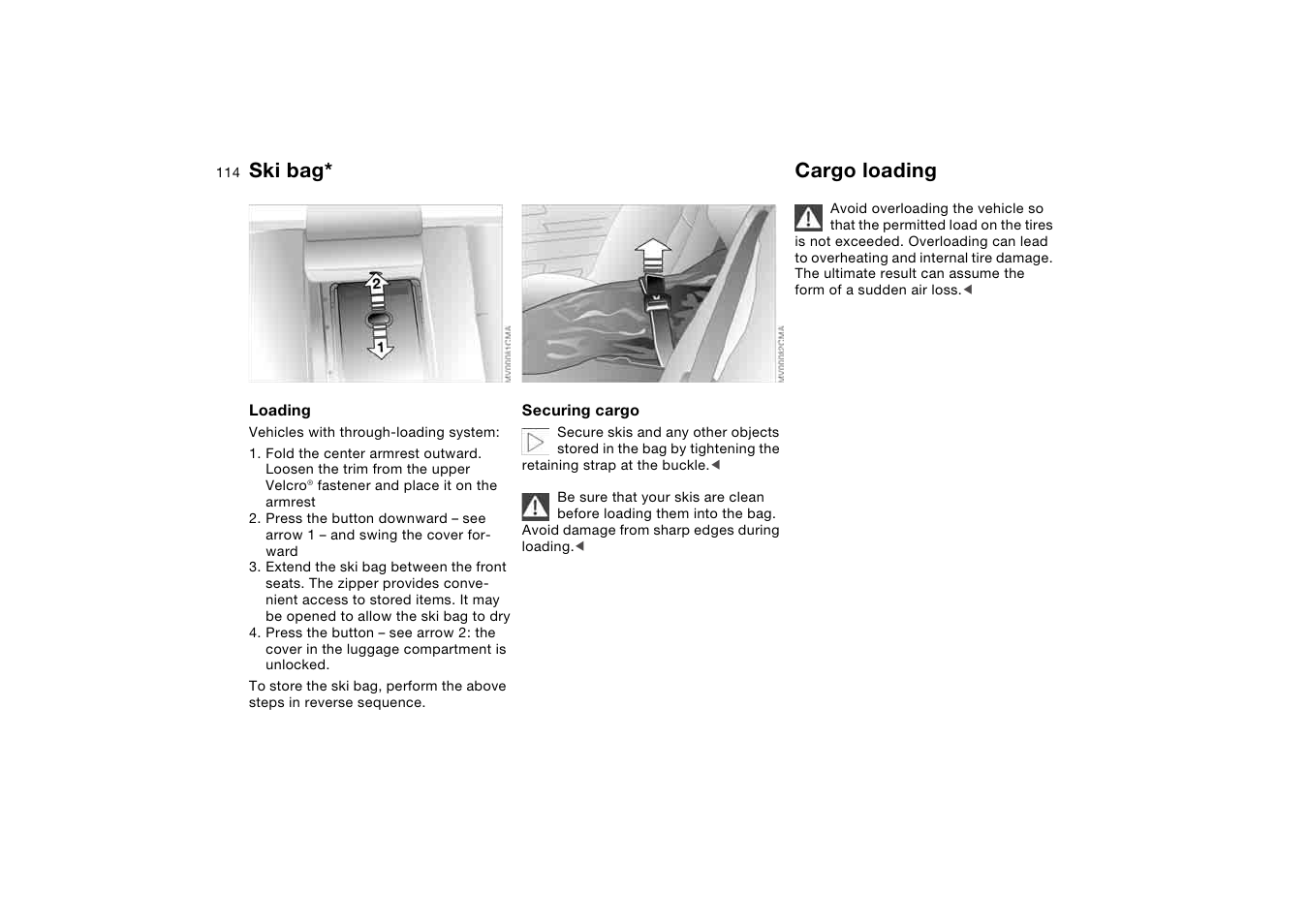 Cargo loading, Ski bag | BMW 330i Sedan 2004 User Manual | Page 114 / 182