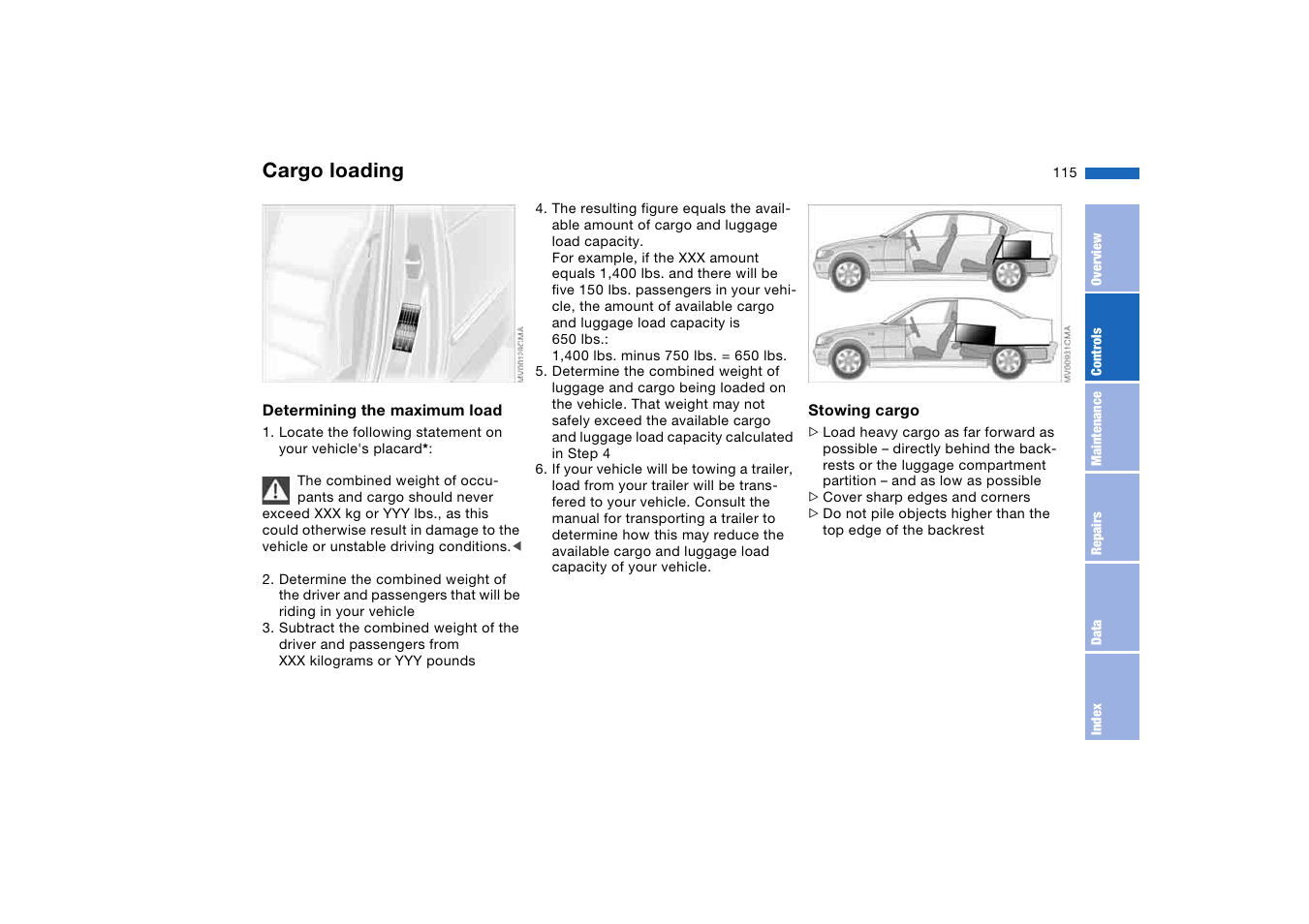 Cargo loading | BMW 330i Sedan 2004 User Manual | Page 115 / 182