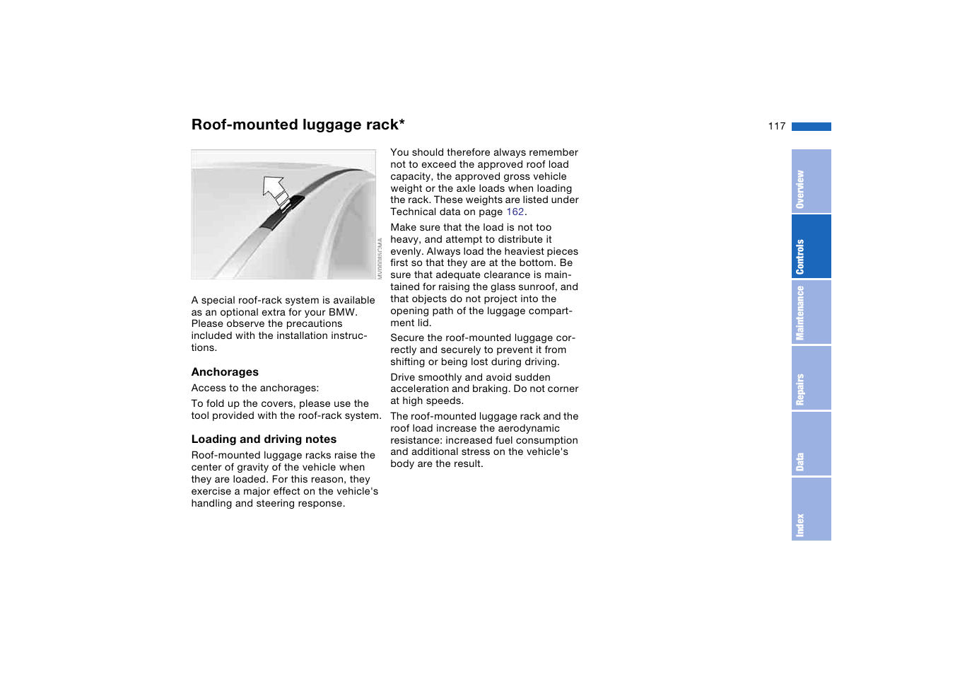 Roof-mounted luggage rack, Roof-mounted luggage, Rack | BMW 330i Sedan 2004 User Manual | Page 117 / 182