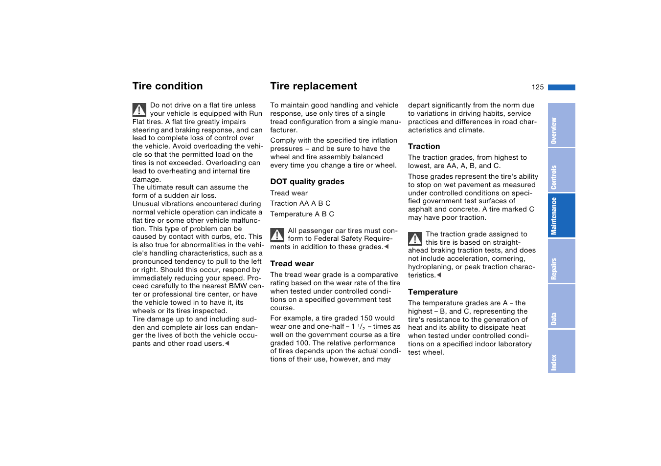 Tire replacement, Tire condition | BMW 330i Sedan 2004 User Manual | Page 125 / 182