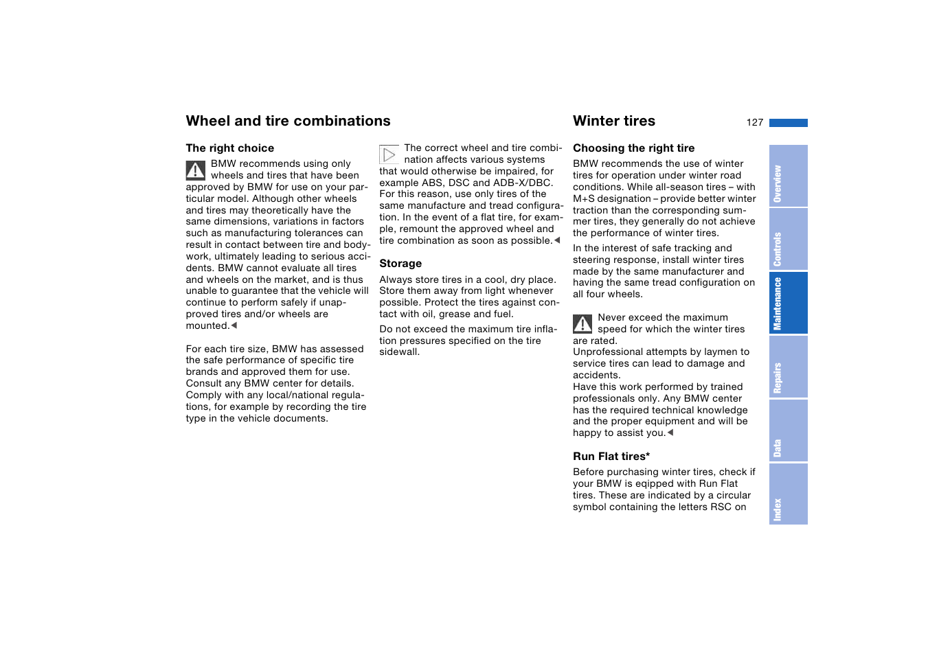 Wheel and tire combinations, Winter tires, Wheel and tire | Combinations | BMW 330i Sedan 2004 User Manual | Page 127 / 182