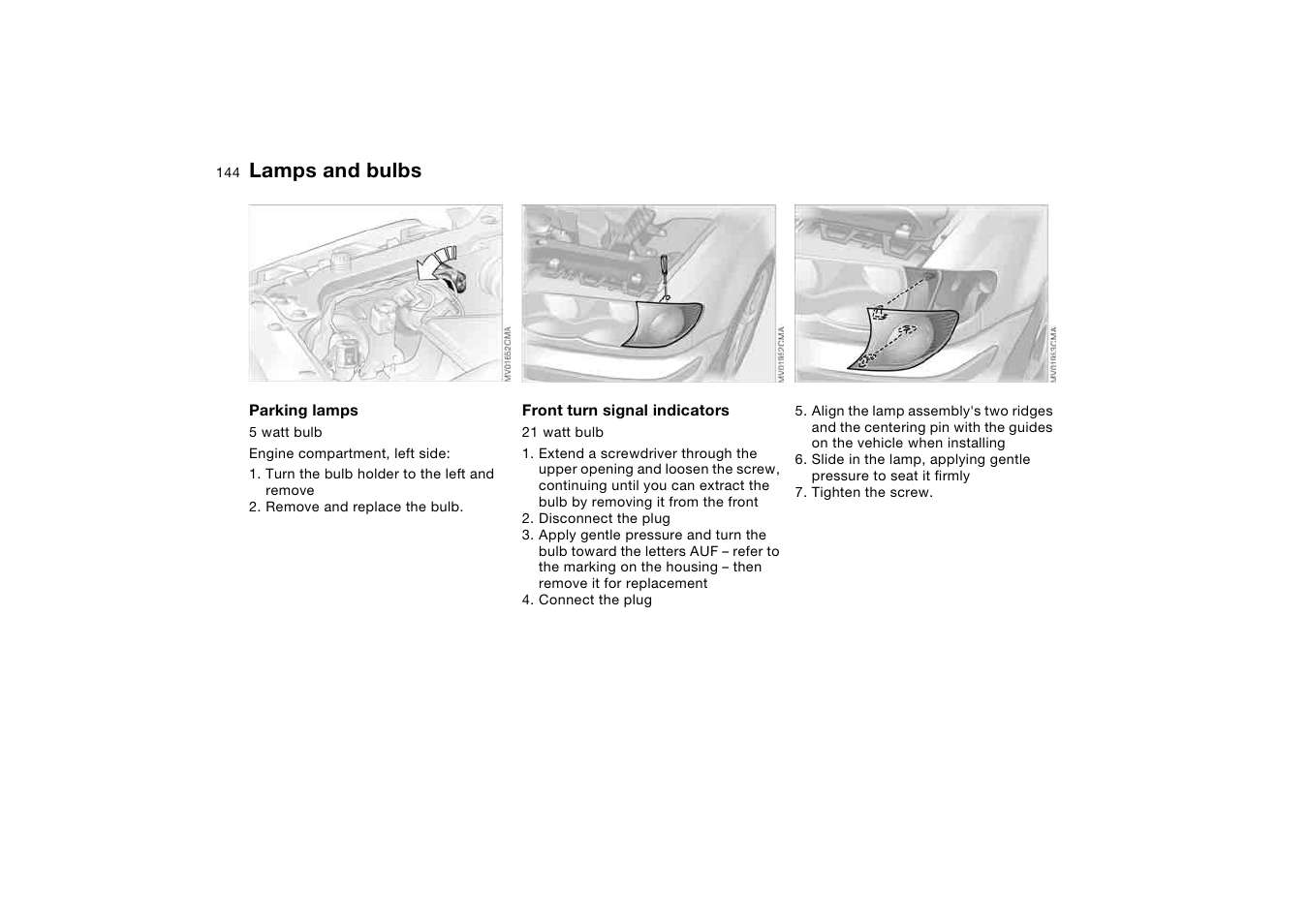 Lamps and bulbs | BMW 330i Sedan 2004 User Manual | Page 144 / 182