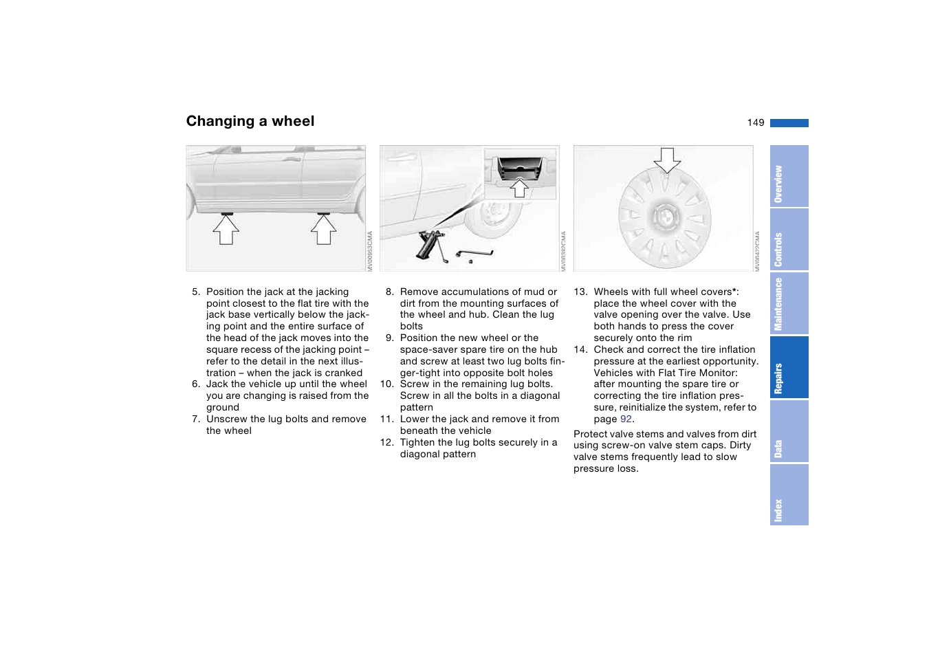 Changing a wheel | BMW 330i Sedan 2004 User Manual | Page 149 / 182