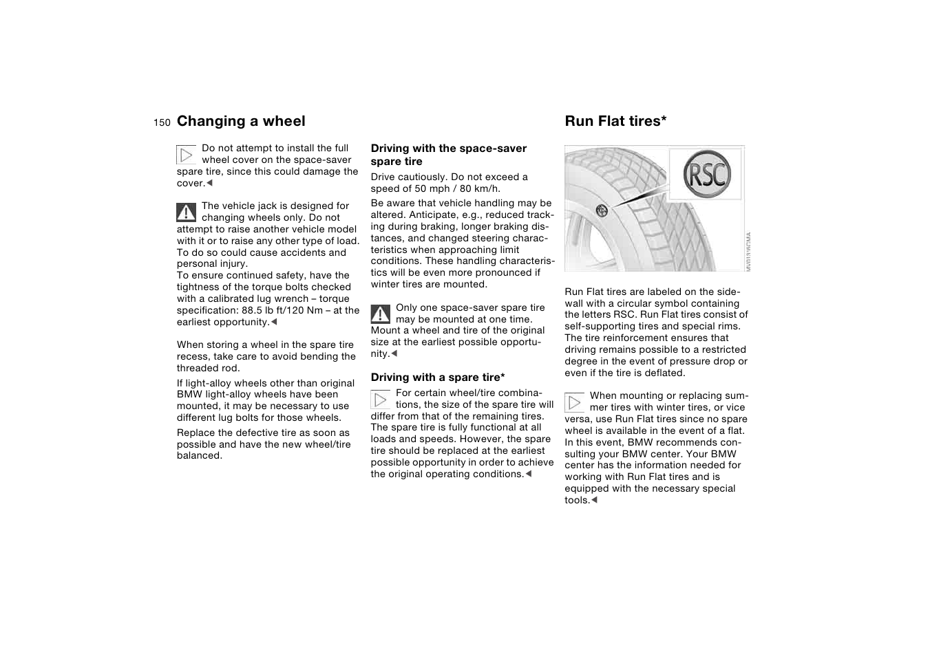 Run flat tires, Changing a wheel | BMW 330i Sedan 2004 User Manual | Page 150 / 182