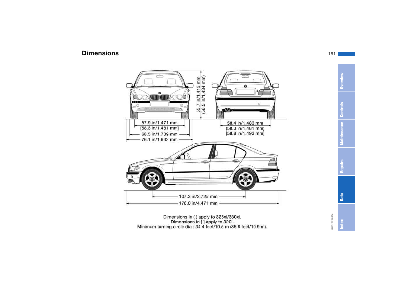 Dimensions | BMW 330i Sedan 2004 User Manual | Page 161 / 182