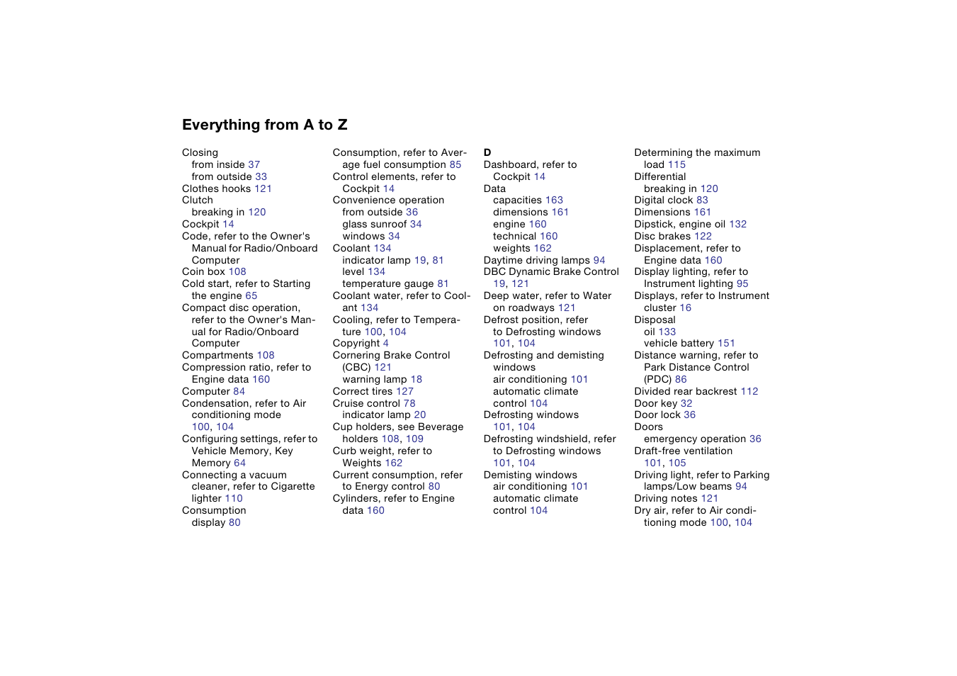 Everything from a to z | BMW 330i Sedan 2004 User Manual | Page 168 / 182