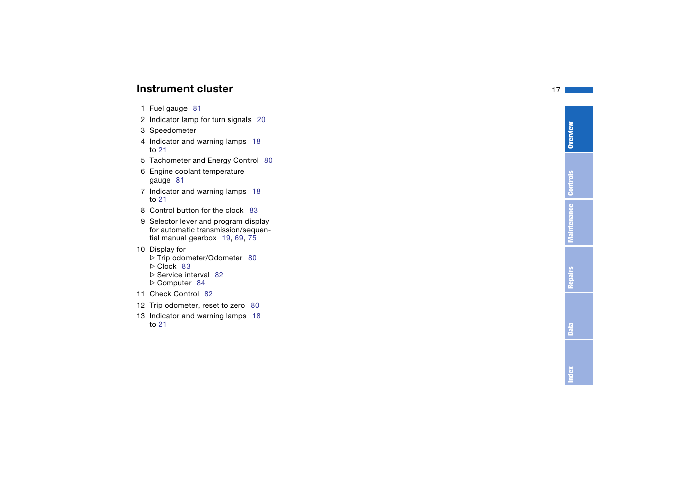 Instrument cluster | BMW 330i Sedan 2004 User Manual | Page 17 / 182