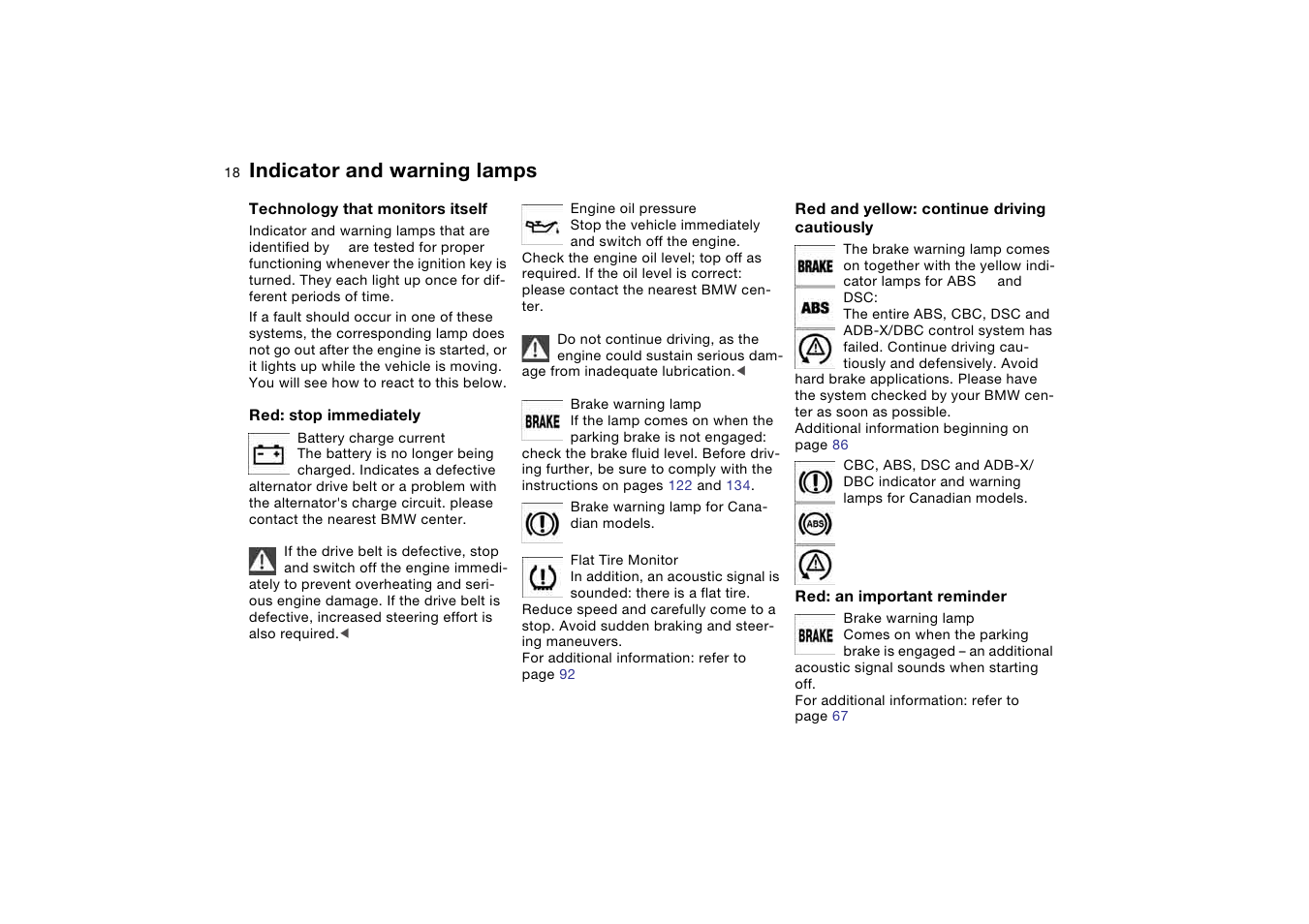 Indicator and warning lamps | BMW 330i Sedan 2004 User Manual | Page 18 / 182