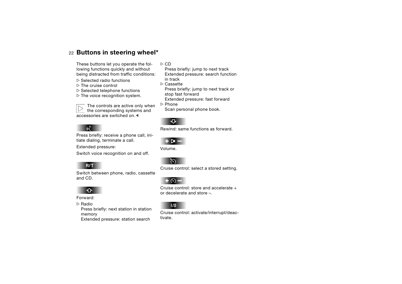 Buttons in steering wheel | BMW 330i Sedan 2004 User Manual | Page 22 / 182