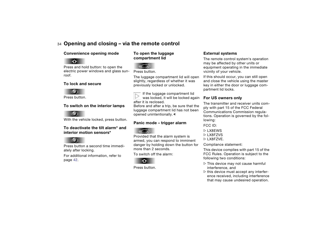 Opening and closing – via the remote control | BMW 330i Sedan 2004 User Manual | Page 34 / 182