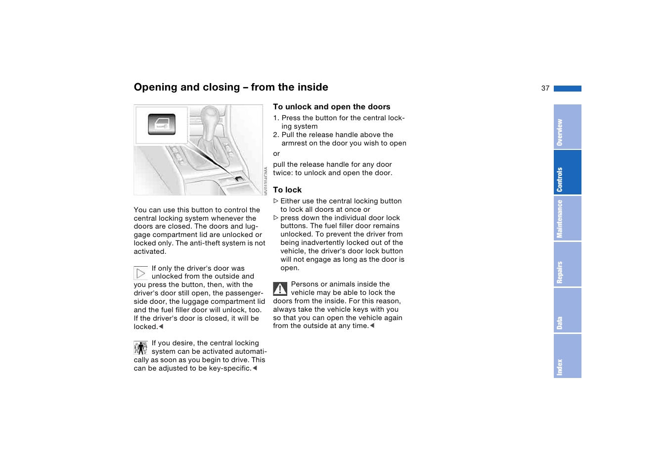 Opening and closing – from the inside, Opening and closing – from the, Inside | BMW 330i Sedan 2004 User Manual | Page 37 / 182