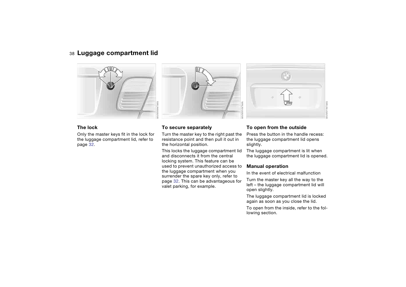 Luggage compartment lid | BMW 330i Sedan 2004 User Manual | Page 38 / 182