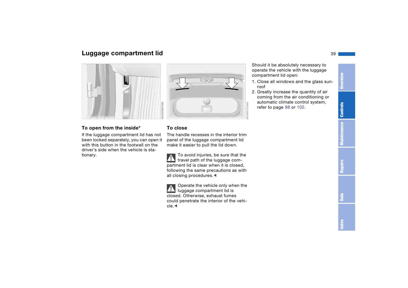 Luggage compartment lid | BMW 330i Sedan 2004 User Manual | Page 39 / 182