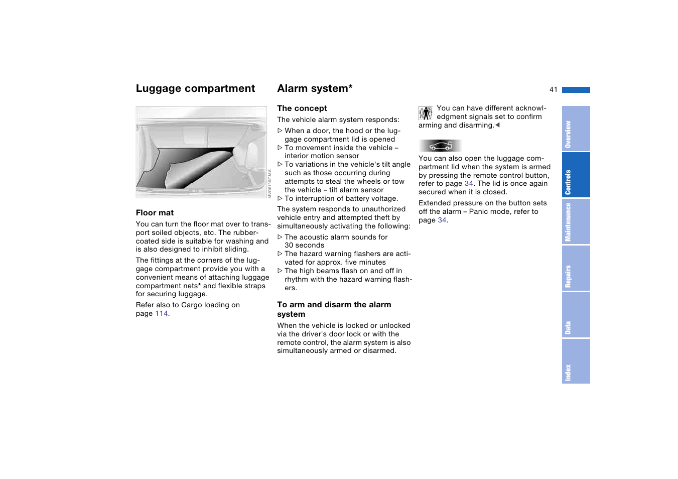 Alarm system, Luggage compartment | BMW 330i Sedan 2004 User Manual | Page 41 / 182