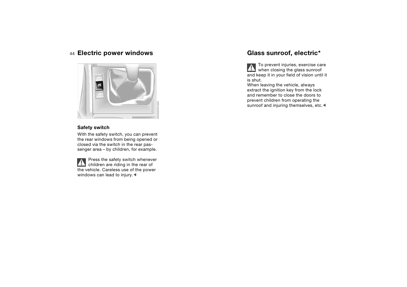 Glass sunroof, electric, Electric power windows | BMW 330i Sedan 2004 User Manual | Page 44 / 182