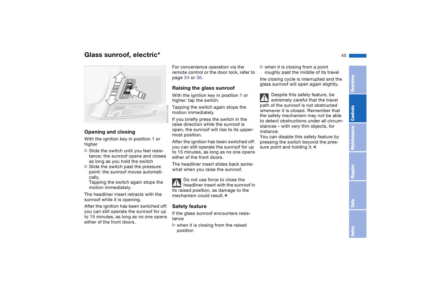 Glass sunroof, electric | BMW 330i Sedan 2004 User Manual | Page 45 / 182