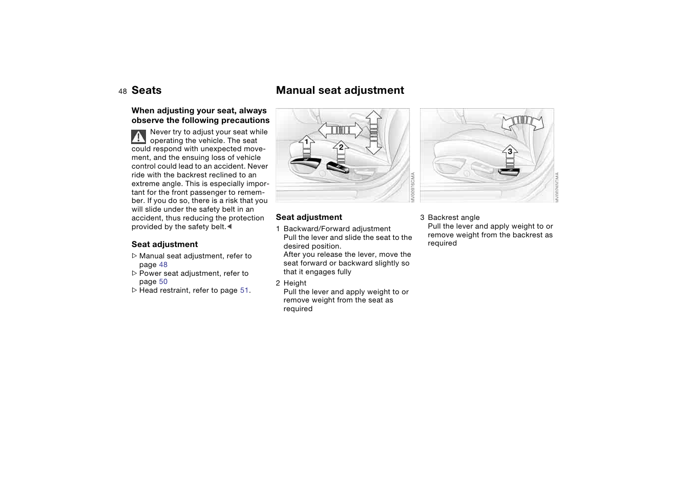 Seats, Manual seat adjustment | BMW 330i Sedan 2004 User Manual | Page 48 / 182