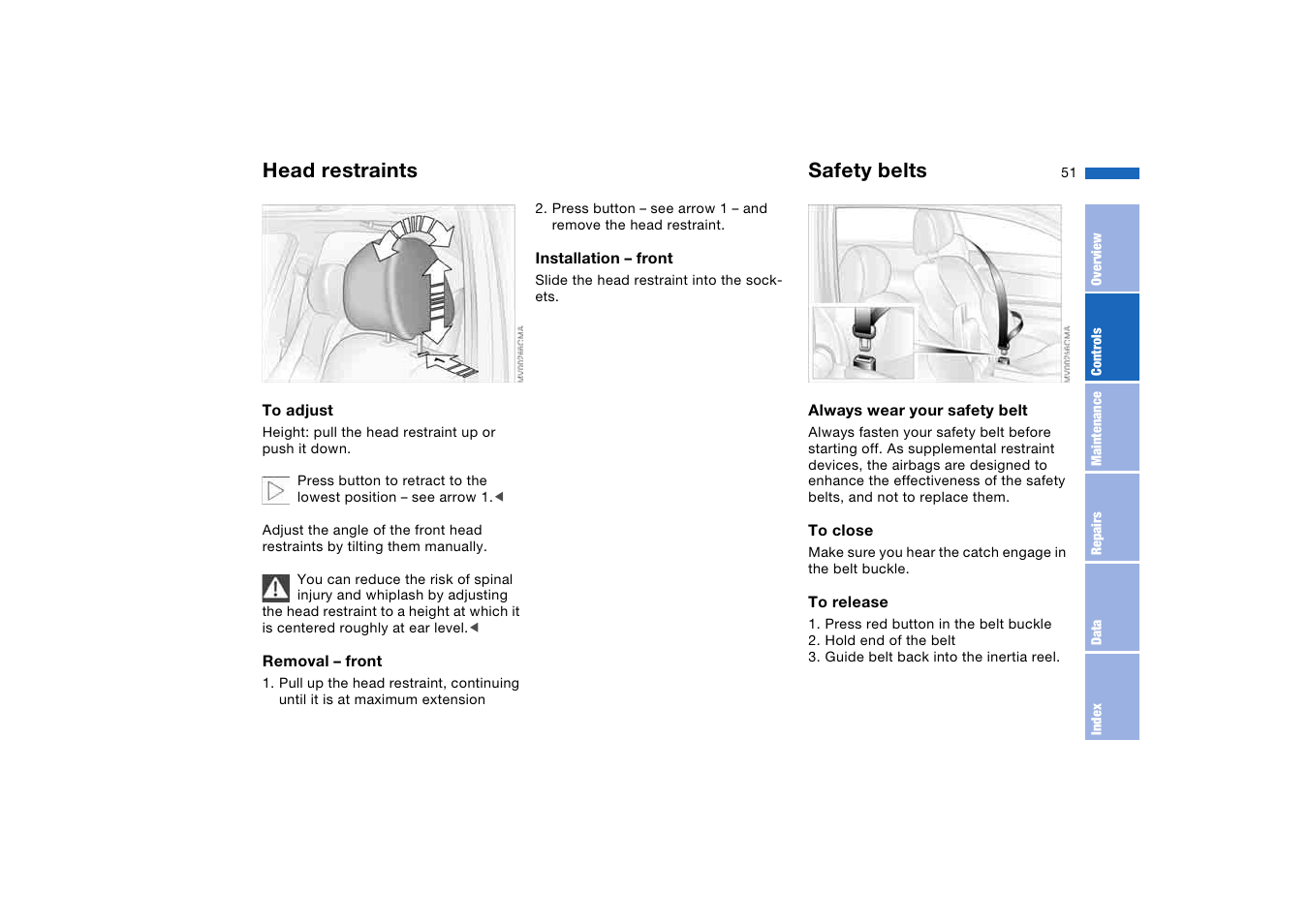 Head restraints, Safety belts | BMW 330i Sedan 2004 User Manual | Page 51 / 182