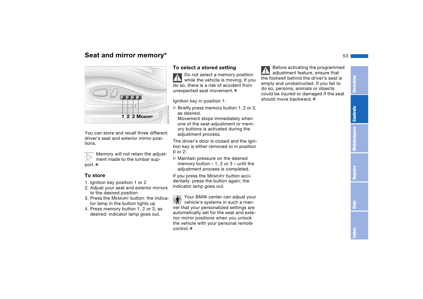 Seat and mirror memory | BMW 330i Sedan 2004 User Manual | Page 53 / 182