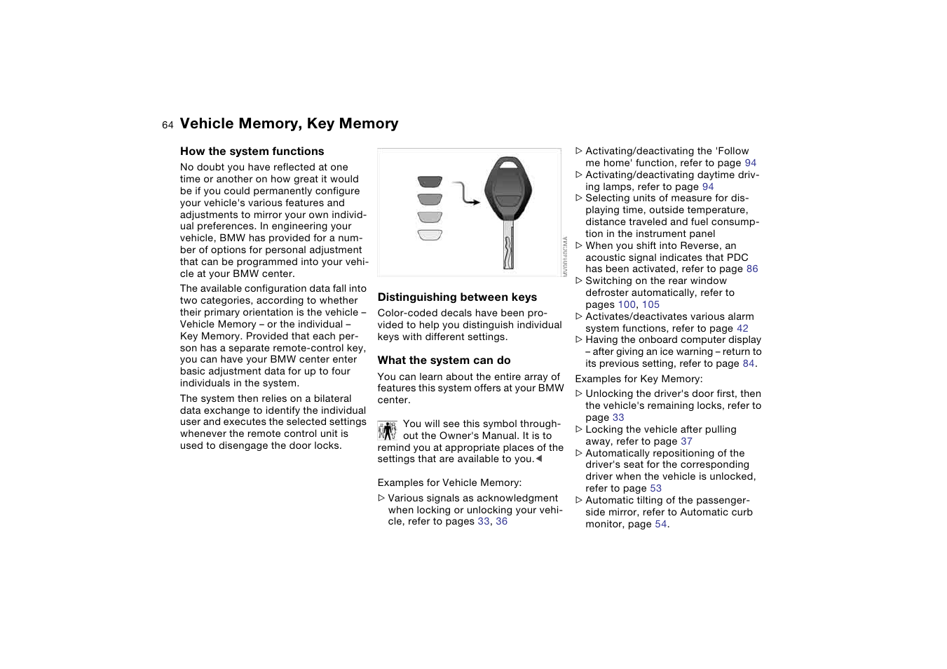 Vehicle memory, key memory, Vehicle memory, key, Memory | BMW 330i Sedan 2004 User Manual | Page 64 / 182