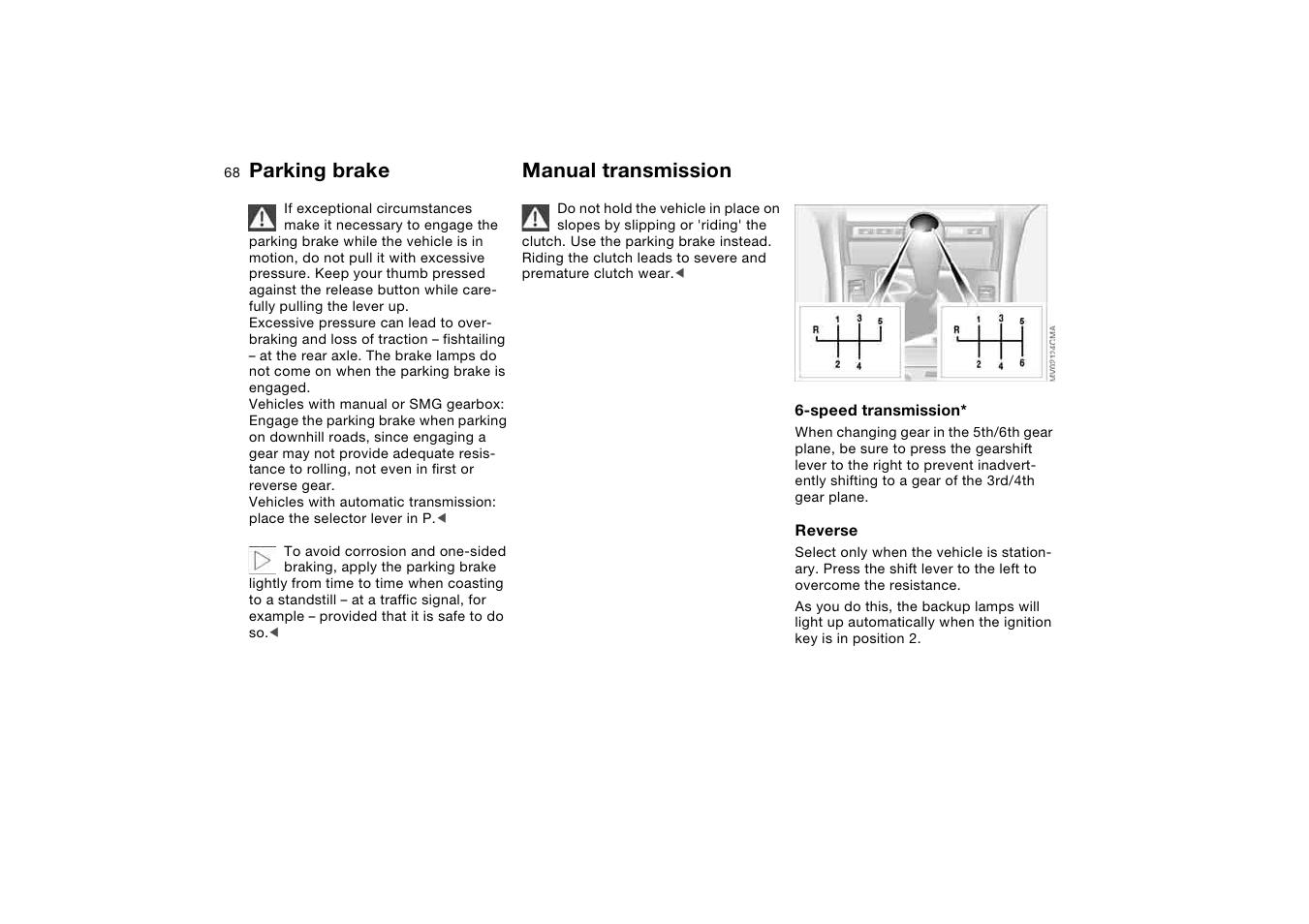 Manual transmission, Parking brake | BMW 330i Sedan 2004 User Manual | Page 68 / 182