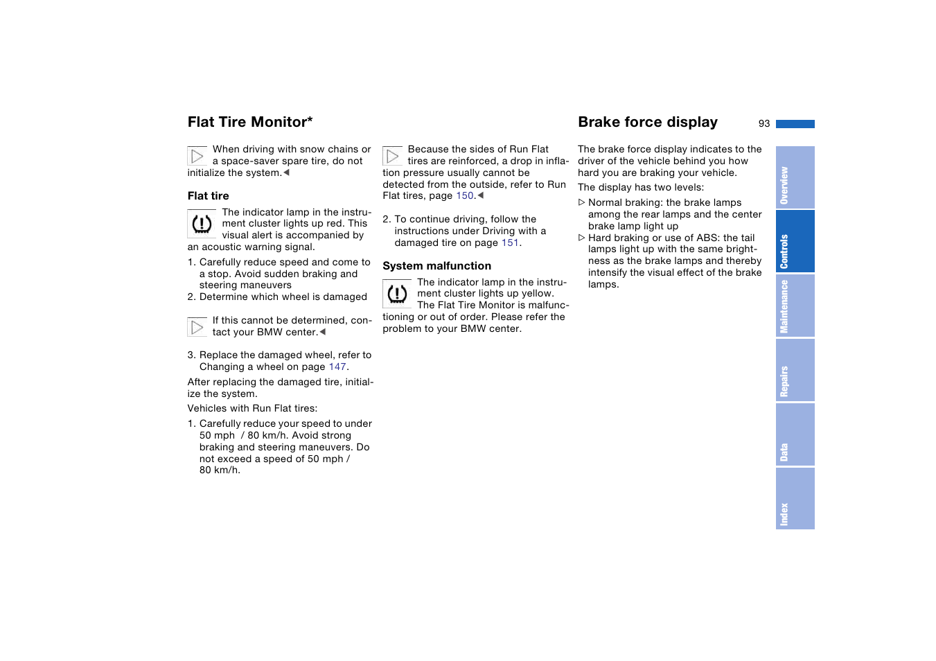 Brake force display, Flat tire monitor | BMW 330i Sedan 2004 User Manual | Page 93 / 182