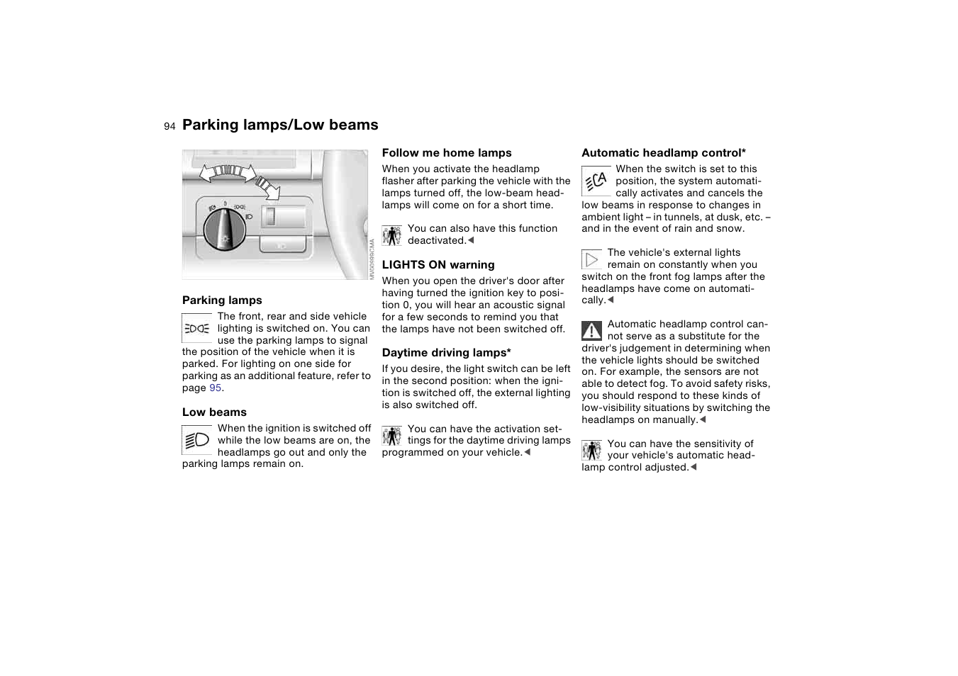 Lamps, Parking lamps/low beams | BMW 330i Sedan 2004 User Manual | Page 94 / 182