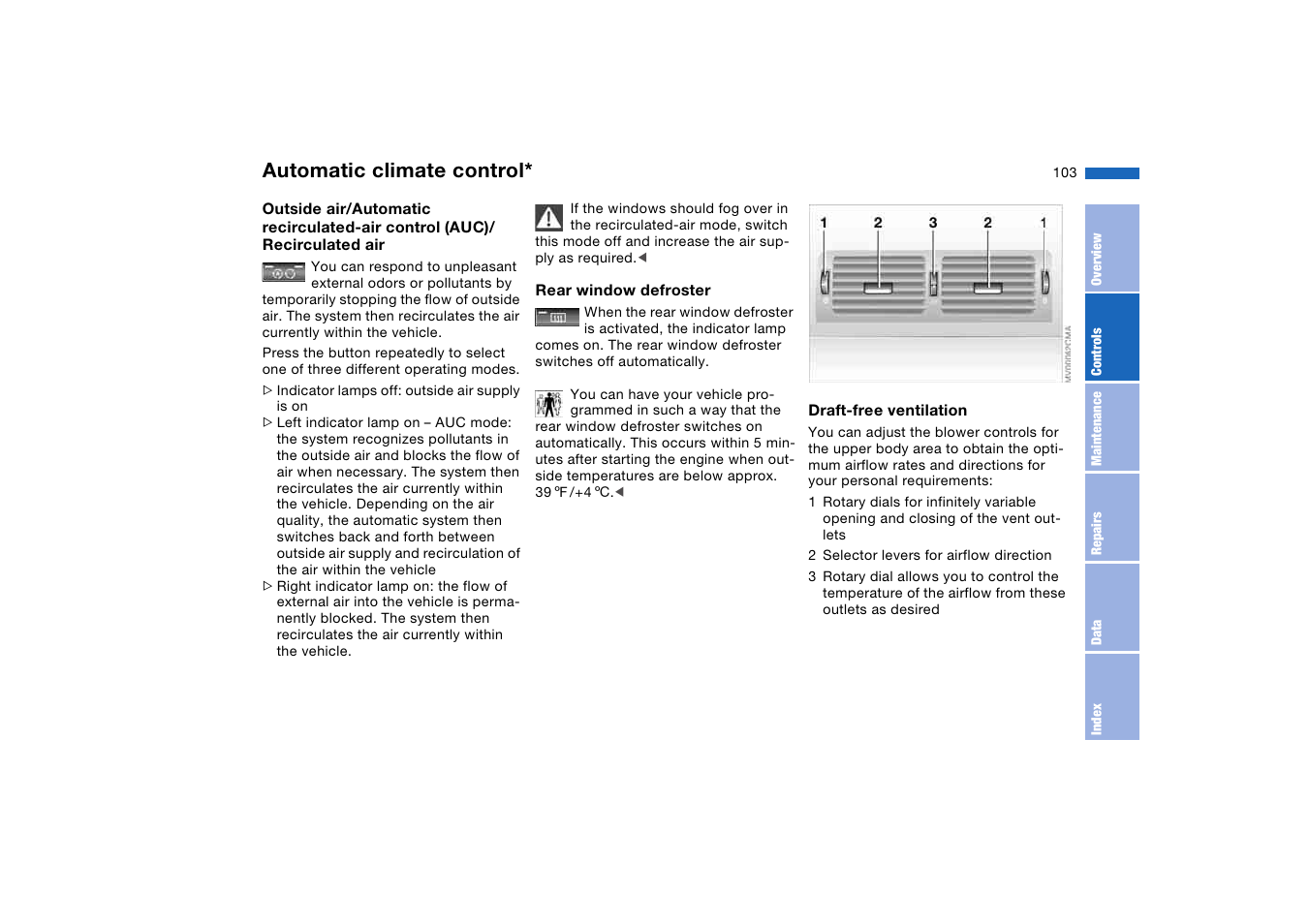 Air for the upper body area, Rear window defroster, Automatic climate control | BMW 325iT Sports Wagon 2004 User Manual | Page 103 / 178