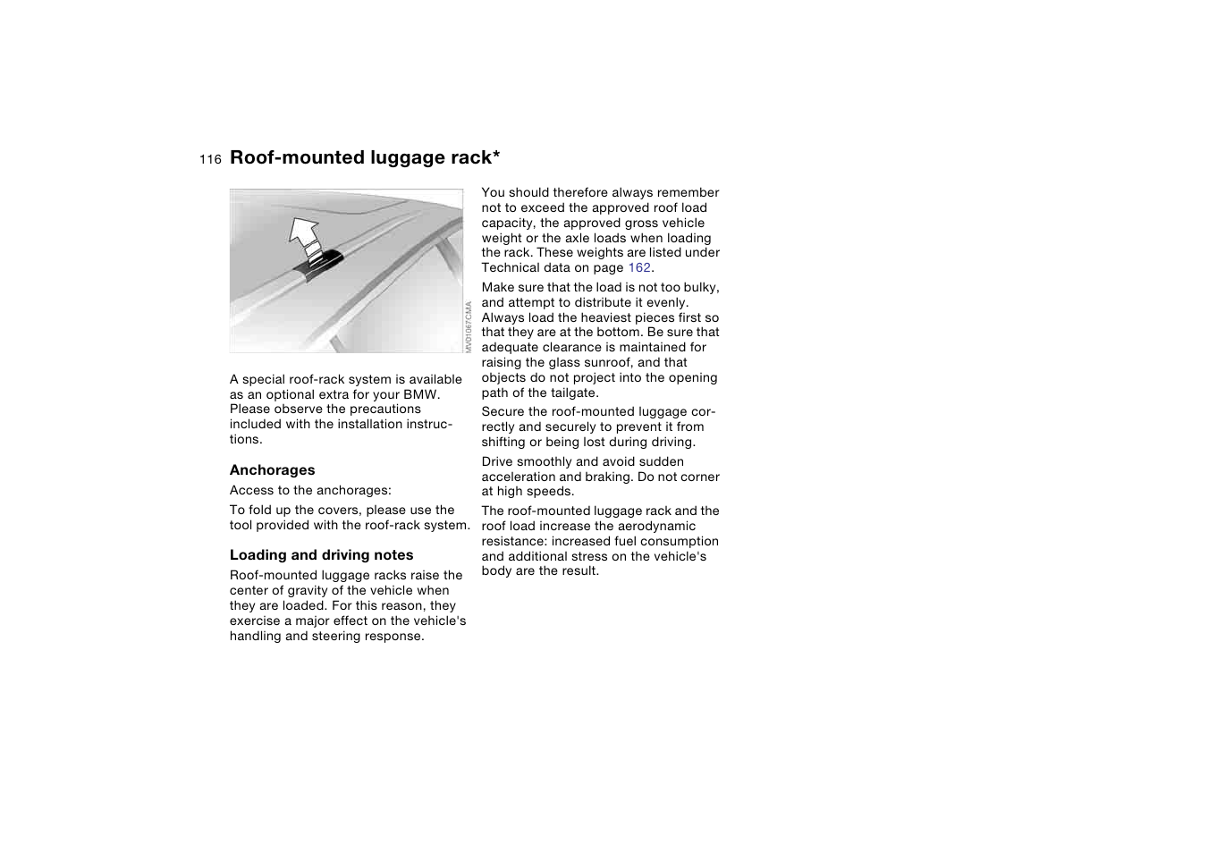 Roof-mounted luggage rack, Roof-mounted luggage, Rack | BMW 325iT Sports Wagon 2004 User Manual | Page 116 / 178