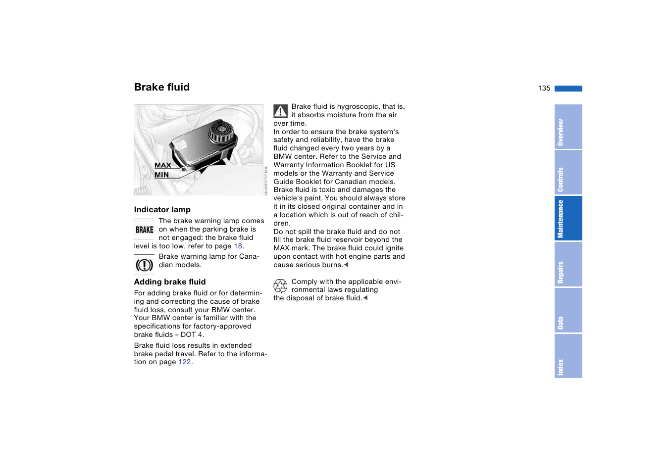 Brake fluid, Brake fluid reservoir | BMW 325iT Sports Wagon 2004 User Manual | Page 135 / 178
