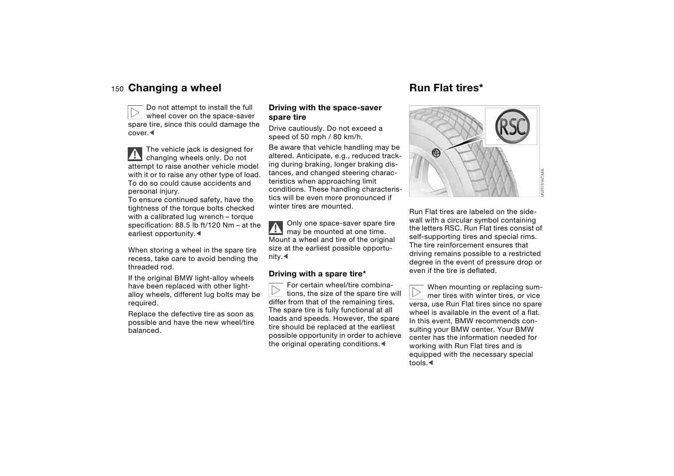 Run flat tires, Changing a wheel | BMW 325iT Sports Wagon 2004 User Manual | Page 150 / 178