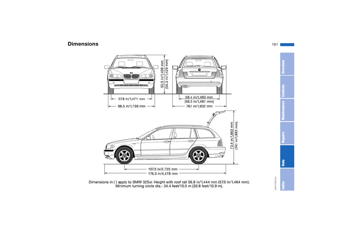 Dimensions | BMW 325iT Sports Wagon 2004 User Manual | Page 161 / 178