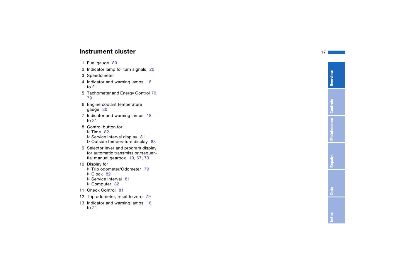 Instrument cluster | BMW 325iT Sports Wagon 2004 User Manual | Page 17 / 178