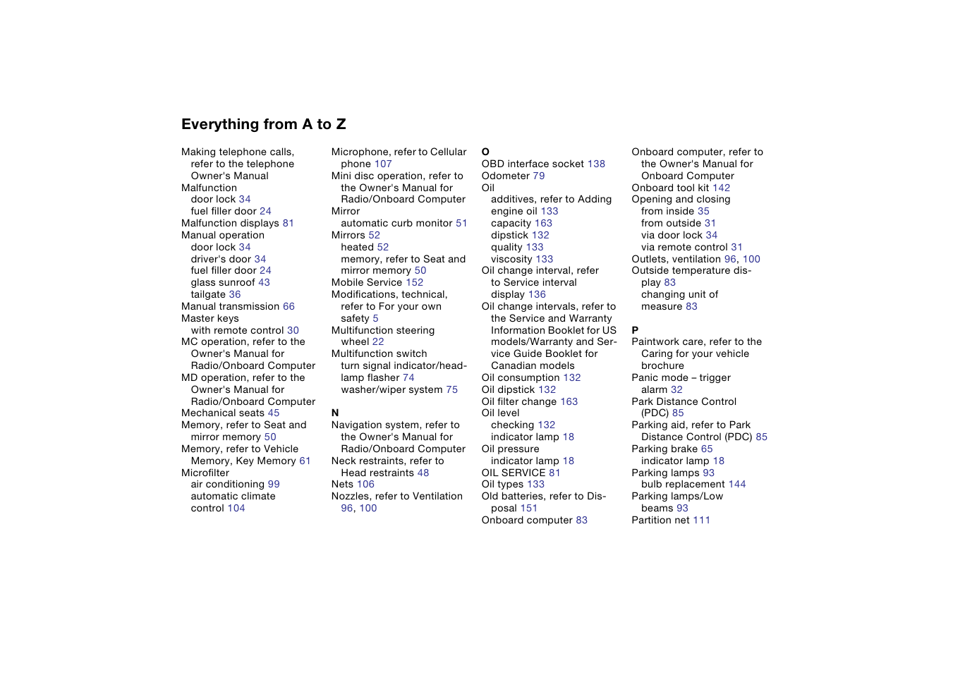 Everything from a to z | BMW 325iT Sports Wagon 2004 User Manual | Page 172 / 178