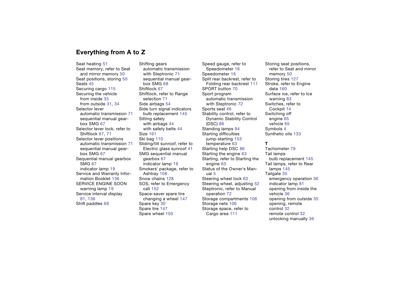 Everything from a to z | BMW 325iT Sports Wagon 2004 User Manual | Page 174 / 178