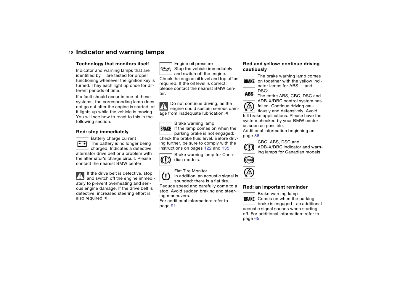 Indicator and warning lamps | BMW 325iT Sports Wagon 2004 User Manual | Page 18 / 178