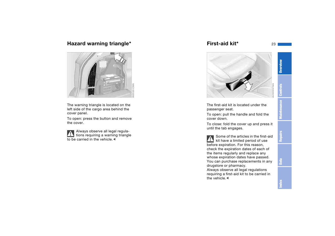 Hazard warning triangle, First-aid kit | BMW 325iT Sports Wagon 2004 User Manual | Page 23 / 178