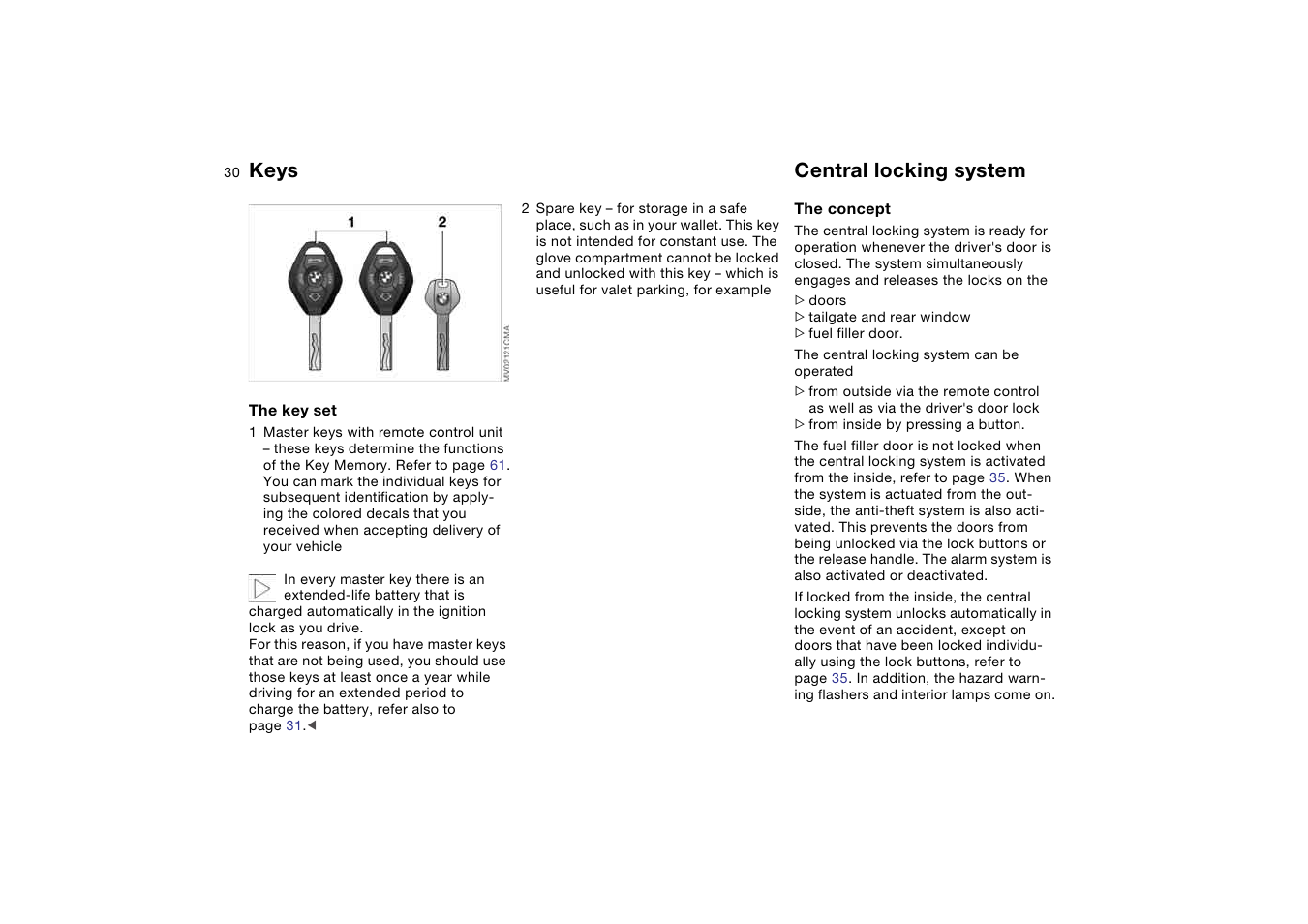 Opening and closing, Keys, Central locking system | BMW 325iT Sports Wagon 2004 User Manual | Page 30 / 178