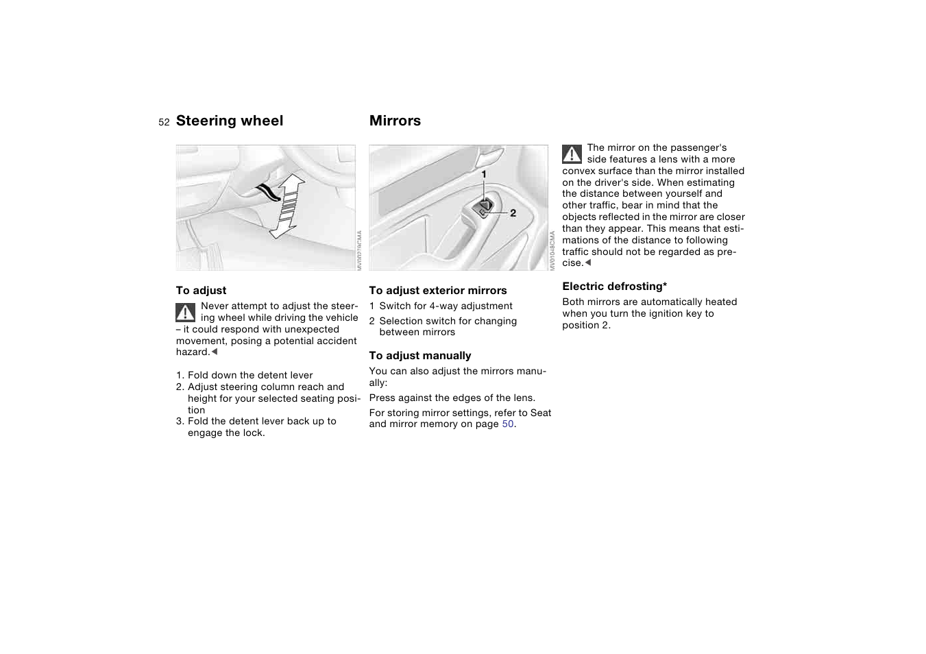 Steering wheel, Mirrors | BMW 325iT Sports Wagon 2004 User Manual | Page 52 / 178