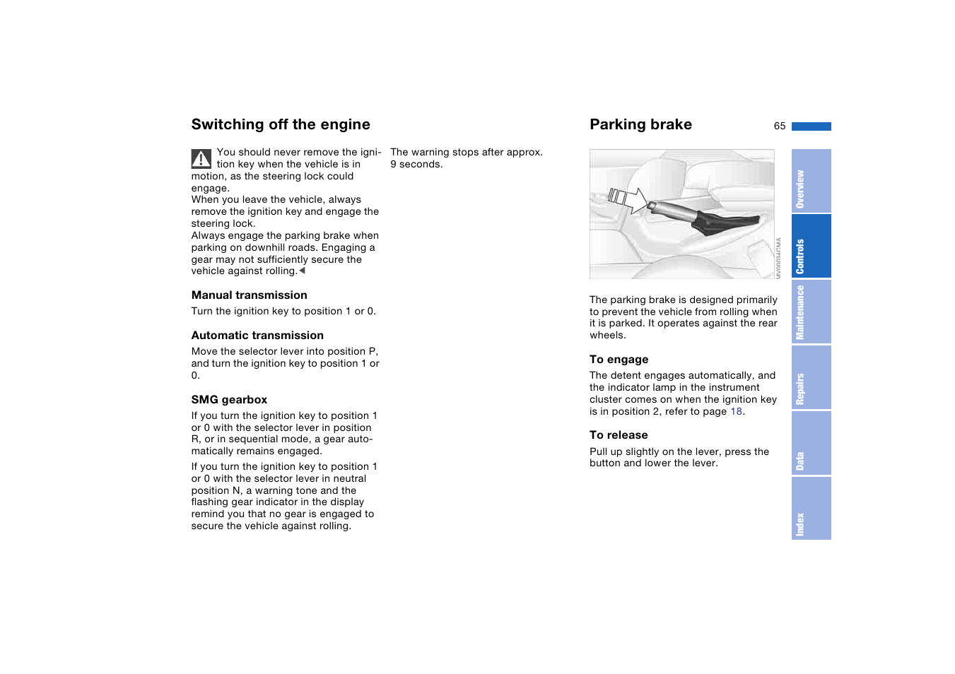 Switching off the engine, Parking brake | BMW 325iT Sports Wagon 2004 User Manual | Page 65 / 178